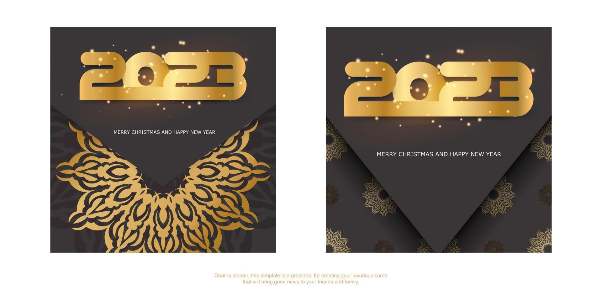 patrón dorado sobre negro. cartel de saludo de feliz año nuevo 2023. vector