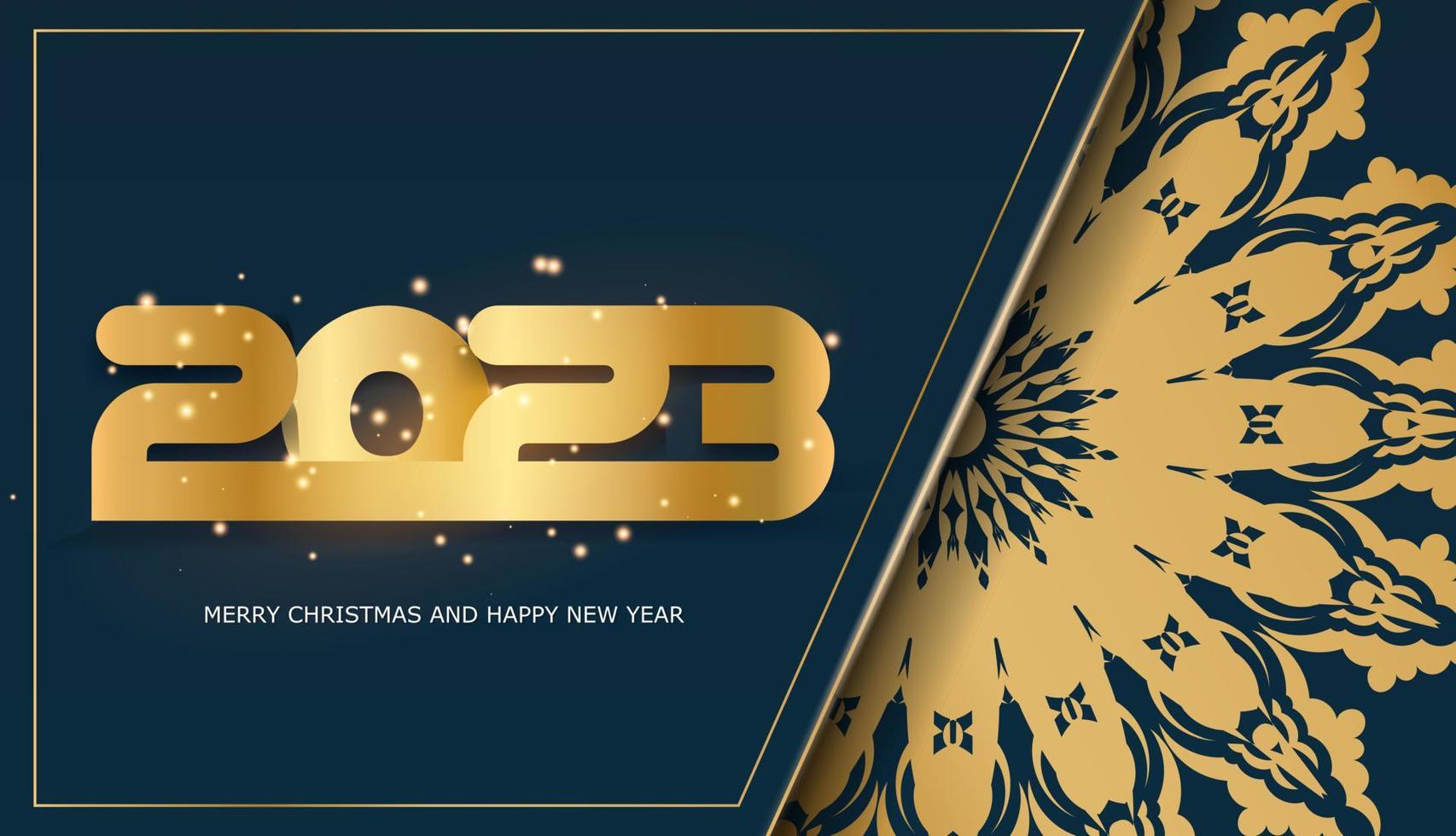 Fondo festivo de feliz año nuevo 2023. patrón dorado en azul. vector