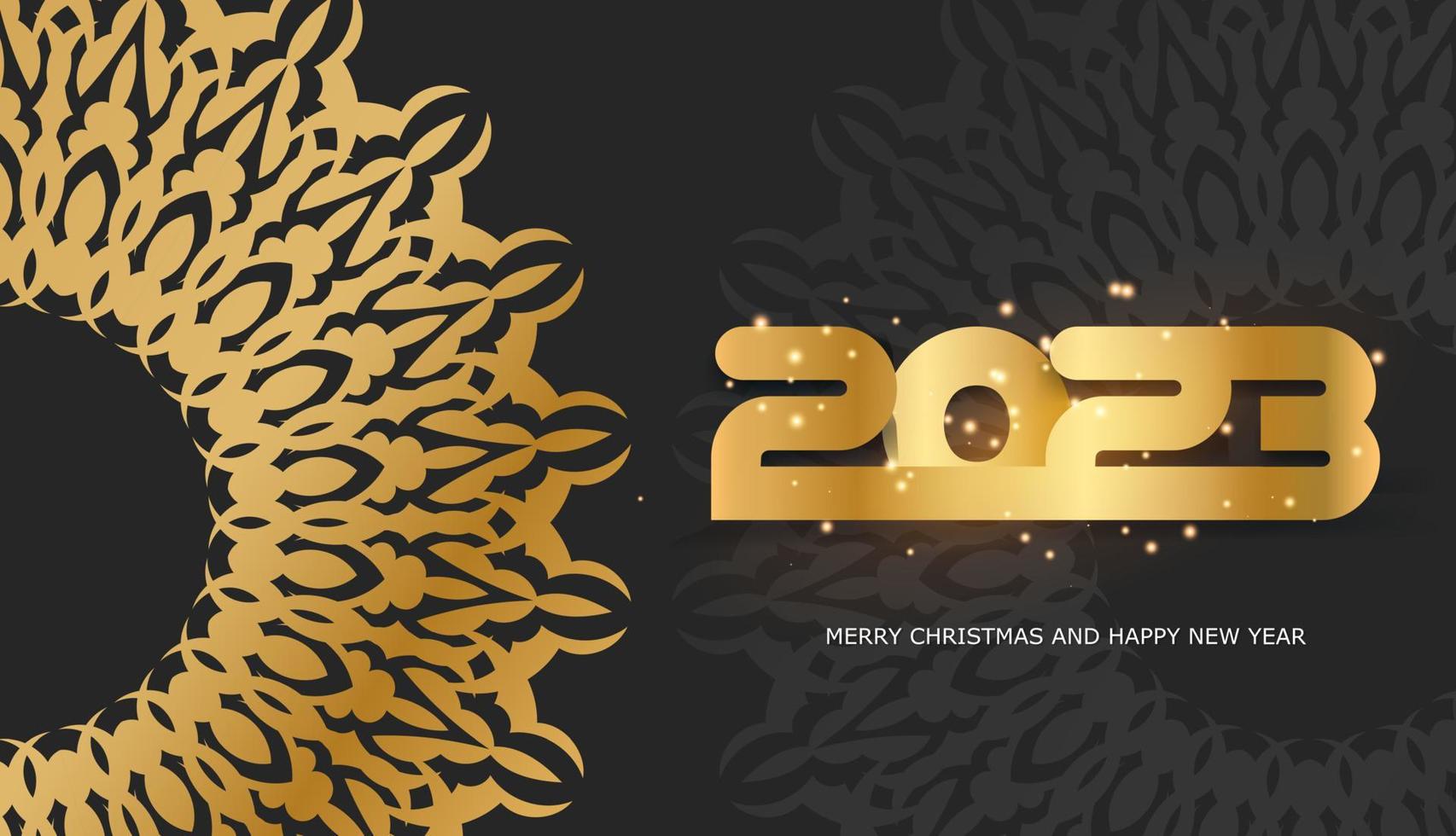 Postal festiva de feliz año nuevo 2023. patrón dorado sobre negro. vector