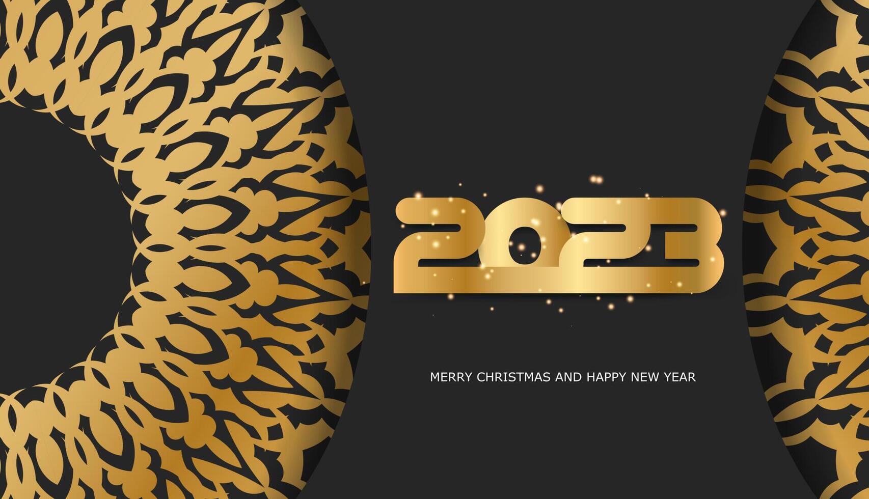 Fondo de saludo de feliz año nuevo 2023. patrón dorado sobre negro. vector