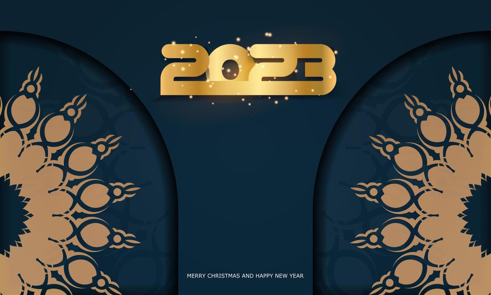 Afiche de saludo de feliz año nuevo 2023. color azul y dorado. vector