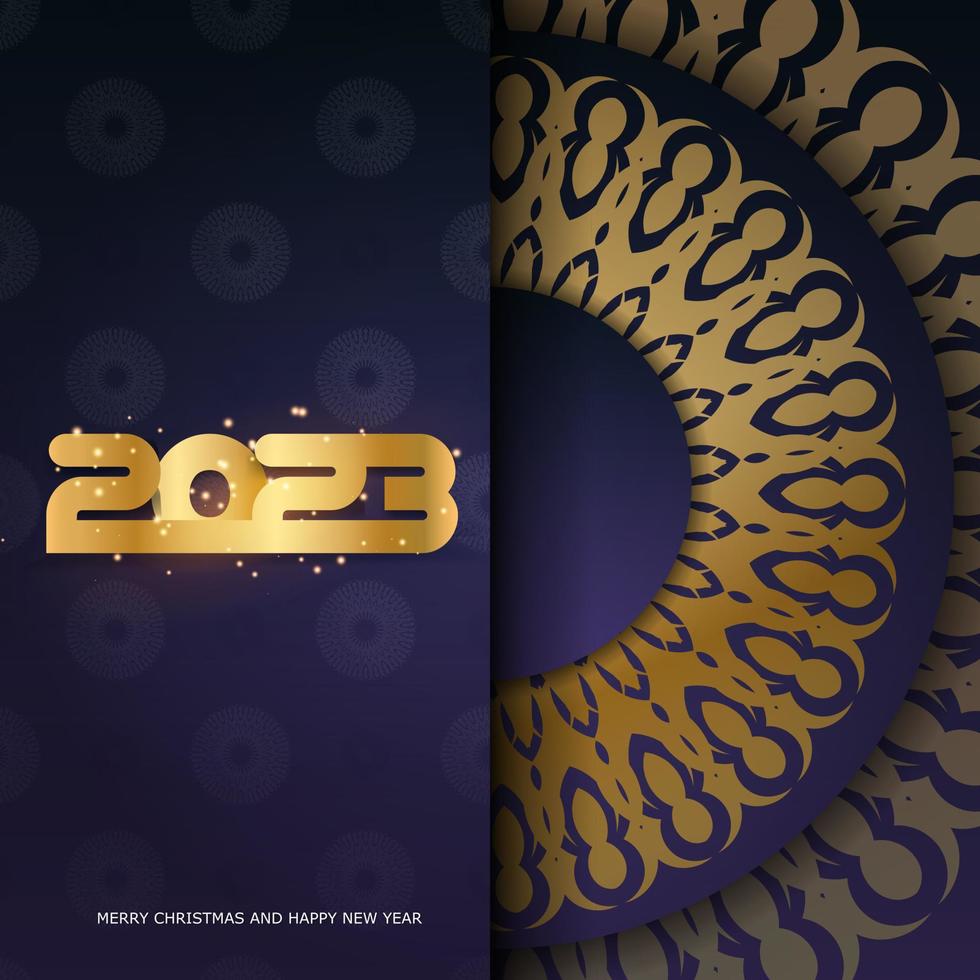 Banner de saludo de feliz año nuevo 2023. color azul y dorado. vector