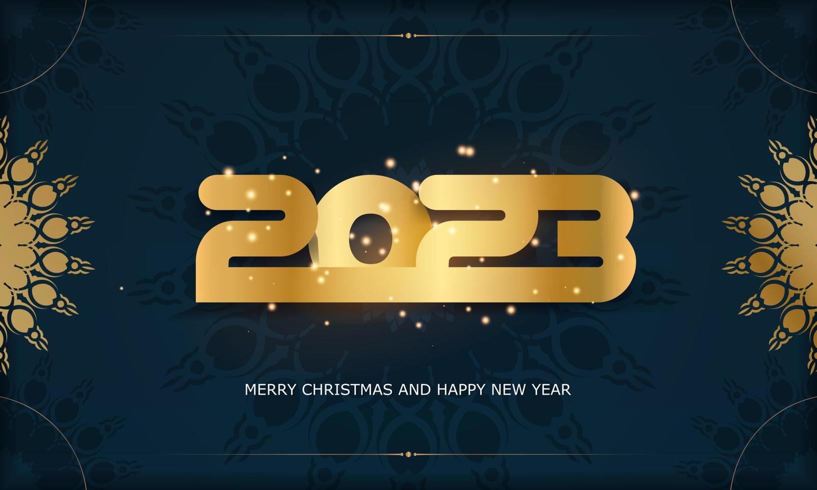 Afiche de saludo de feliz año nuevo 2023. color azul y dorado. vector