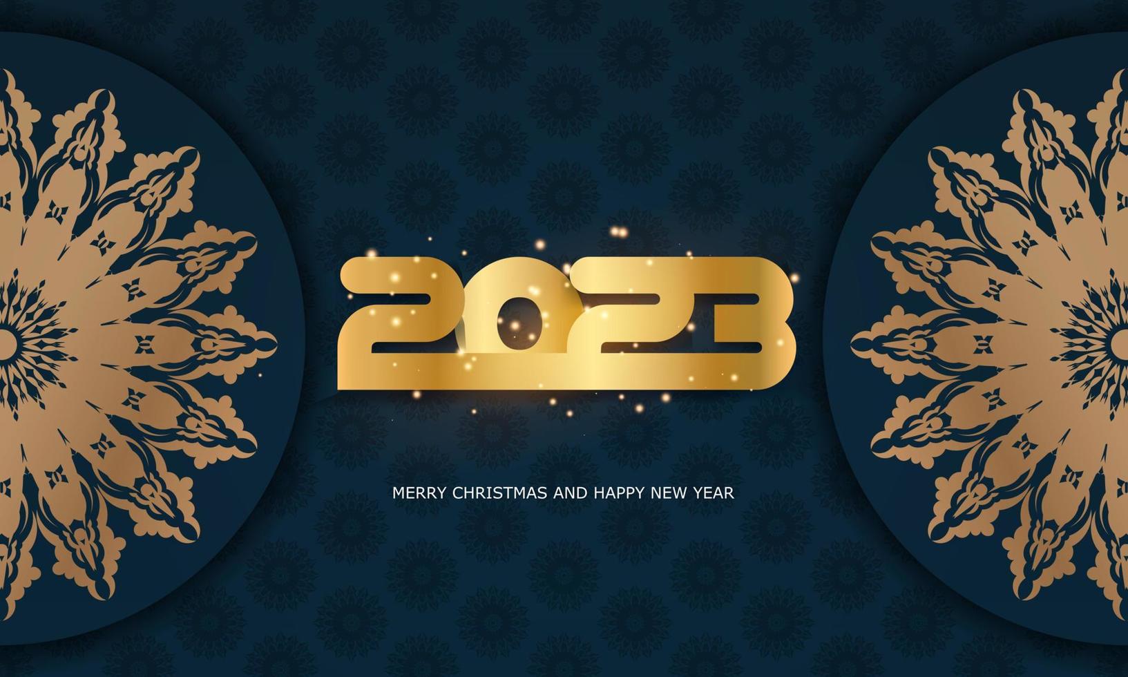 feliz cartel de vacaciones de año nuevo 2023. color azul y dorado. vector