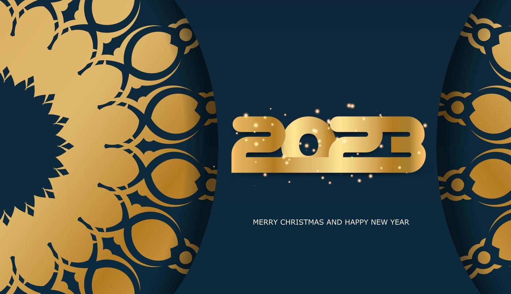 Afiche de saludo de feliz año nuevo 2023. color azul y dorado. vector
