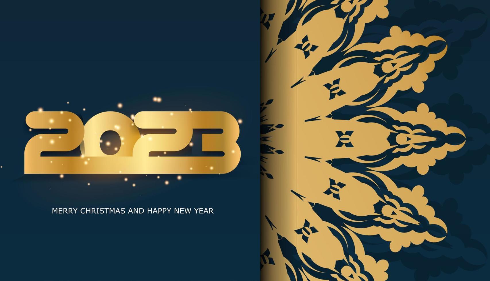Afiche de saludo de feliz año nuevo 2023. patrón dorado en azul. vector