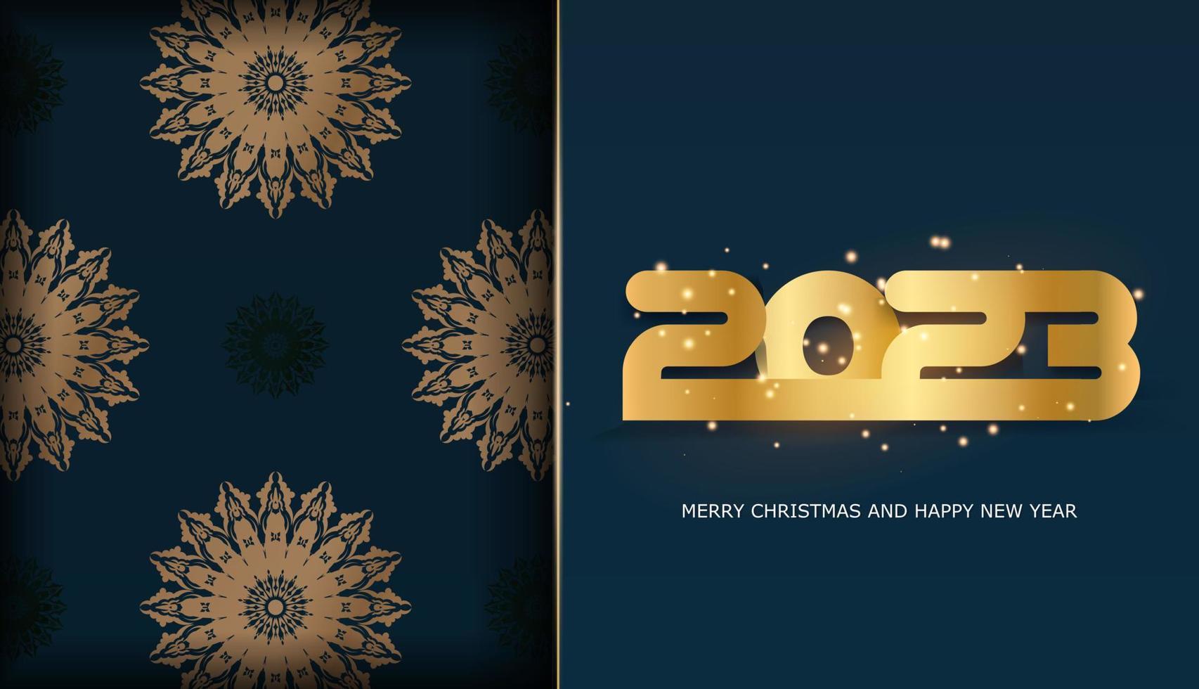 Tarjeta de felicitación festiva de feliz año nuevo 2023. patrón dorado en azul. vector