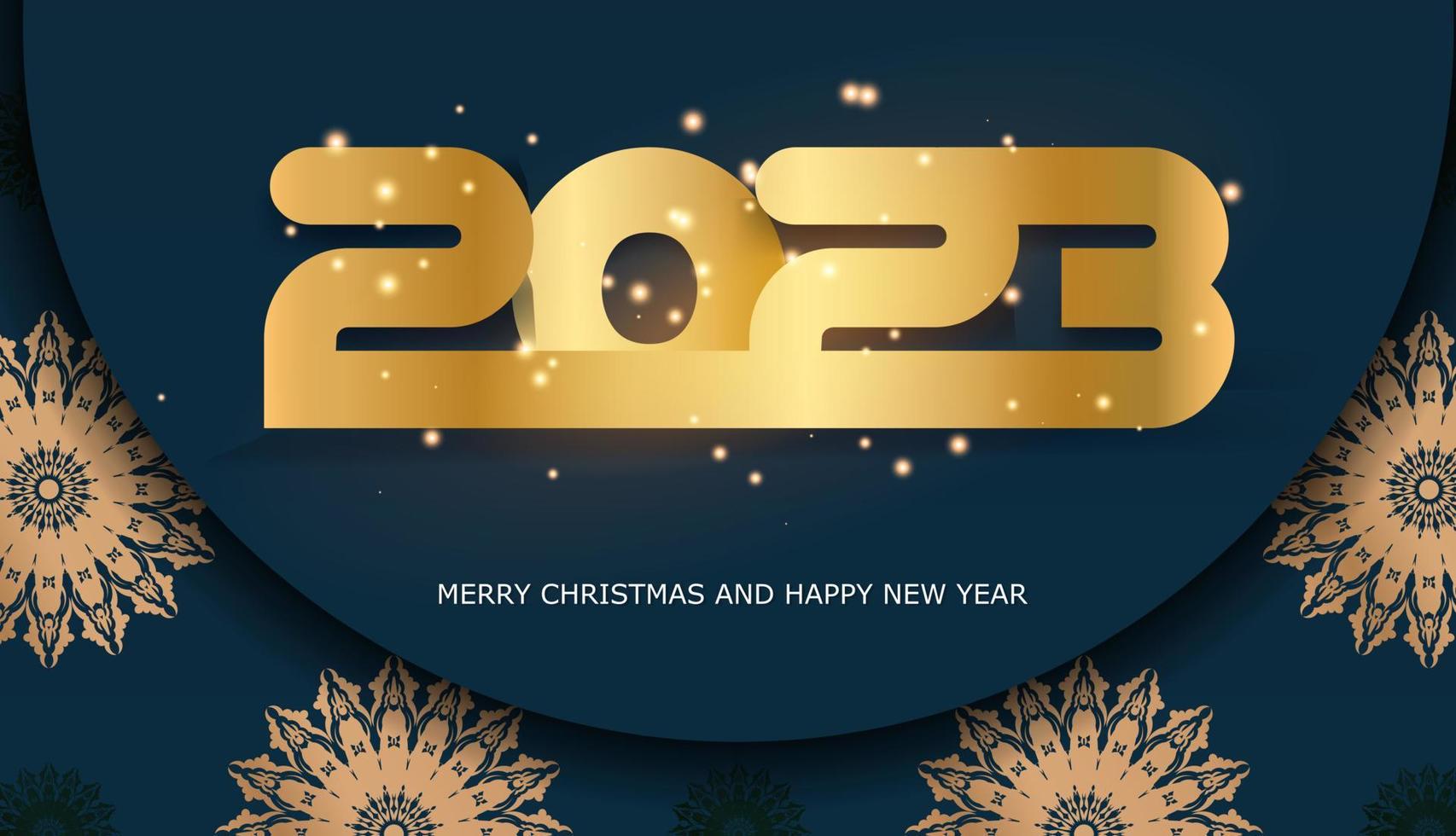 Banner de saludo de feliz año nuevo 2023. color azul y dorado. vector