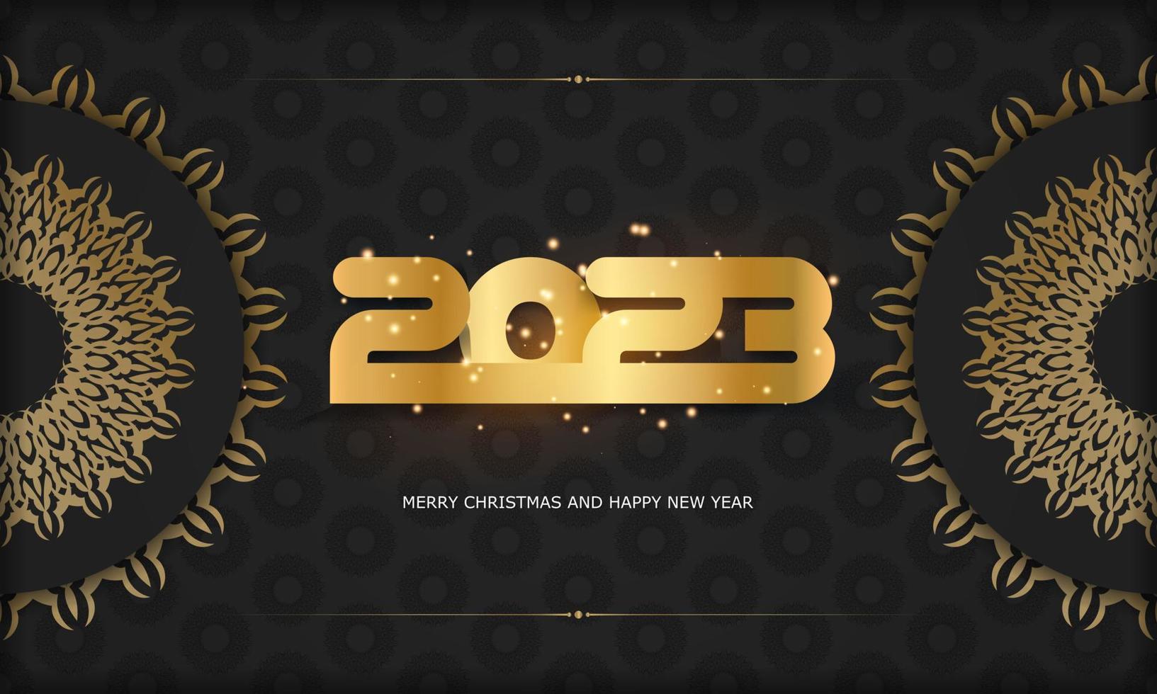 Happy New Year 2023 festive postcard. Golden pattern on black. vector