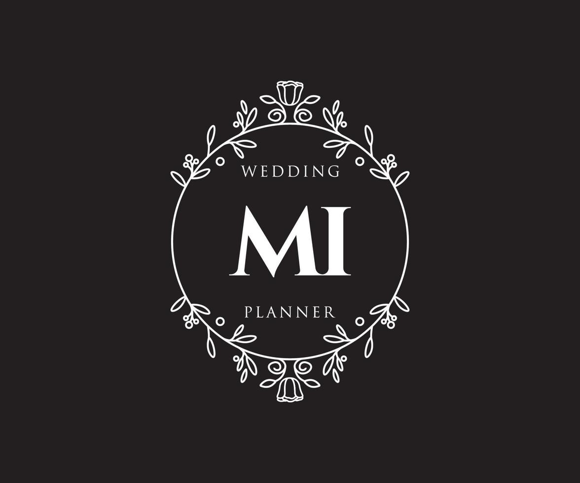 colección de logotipos de monograma de boda con letras iniciales mi, plantillas florales y minimalistas modernas dibujadas a mano para tarjetas de invitación, guardar la fecha, identidad elegante para restaurante, boutique, café en vector