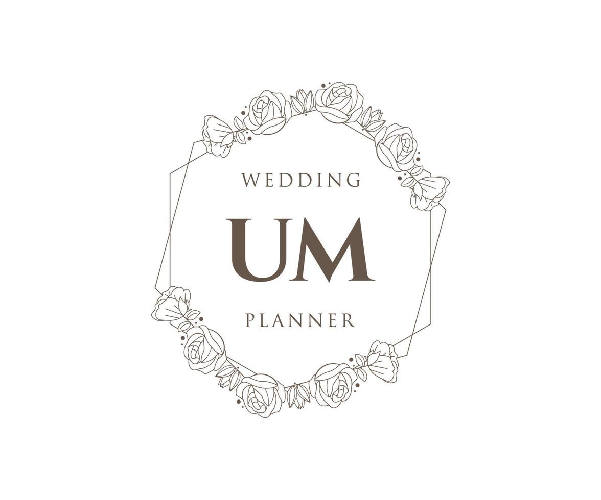 colección de logotipos de monograma de boda con letras iniciales de um, plantillas florales y minimalistas modernas dibujadas a mano para tarjetas de invitación, guardar la fecha, identidad elegante para restaurante, boutique, café en vector