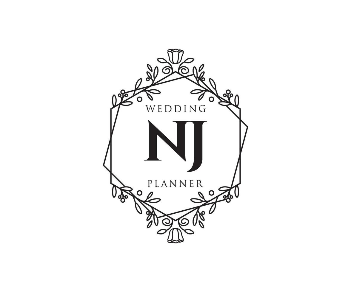 colección de logotipos de monograma de boda con letras iniciales de nj, plantillas florales y minimalistas modernas dibujadas a mano para tarjetas de invitación, guardar la fecha, identidad elegante para restaurante, boutique, café en vector