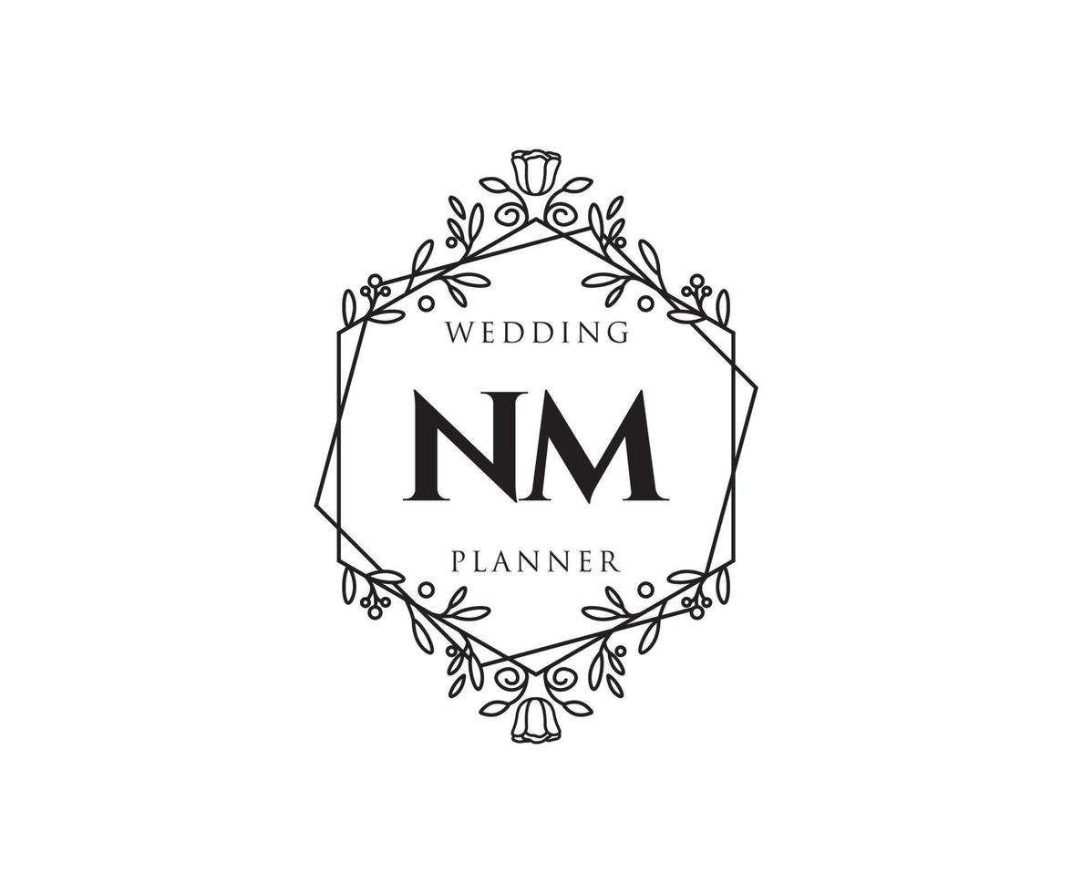 colección de logotipos de monograma de boda con letras iniciales nm, plantillas florales y minimalistas modernas dibujadas a mano para tarjetas de invitación, guardar la fecha, identidad elegante para restaurante, boutique, café en vector