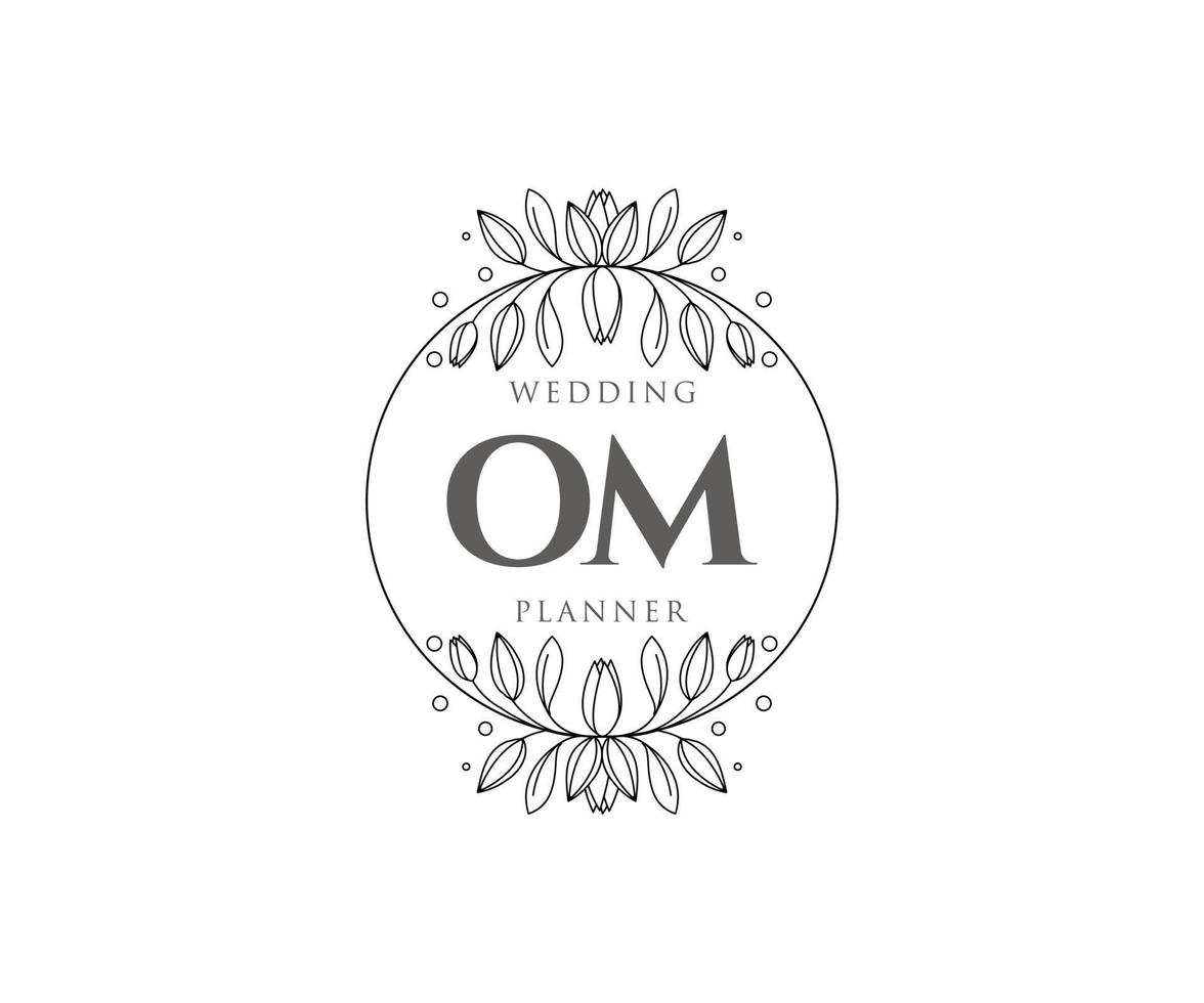 Colección de logotipos de monograma de boda con letras iniciales om, plantillas florales y minimalistas modernas dibujadas a mano para tarjetas de invitación, guardar la fecha, identidad elegante para restaurante, boutique, café en vector