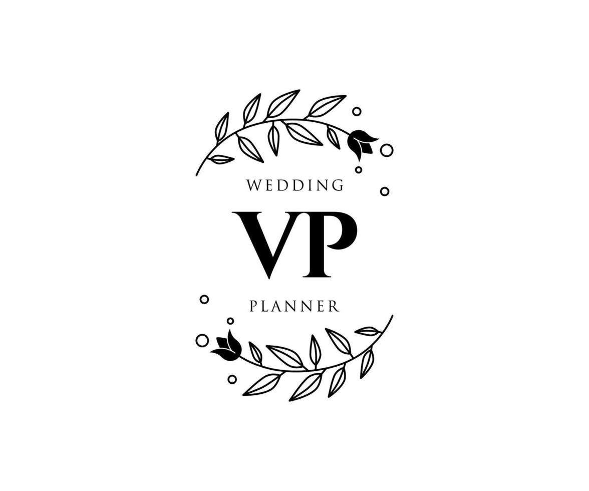 Colección de logotipos de monogramas de boda con letras iniciales vp, plantillas florales y minimalistas modernas dibujadas a mano para tarjetas de invitación, guardar la fecha, identidad elegante para restaurante, boutique, café en vector