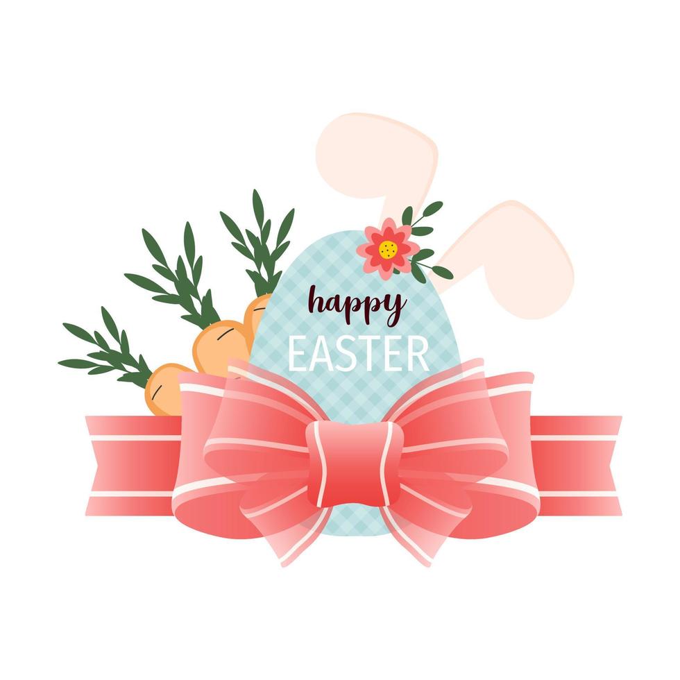 Happy Easter gift tag and label with cute cartoon bow, egg, carrots and bunny ears. vector