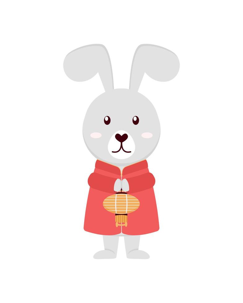 conejo con vestido chino tradicional con una linterna en las patas. vector