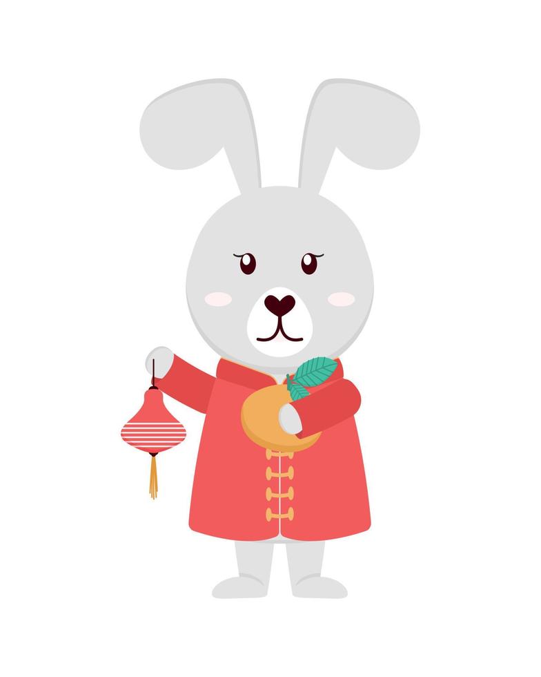 Rabbit in traditional Chinese dress with a kumquat and a lantern in paws. Flat style. vector