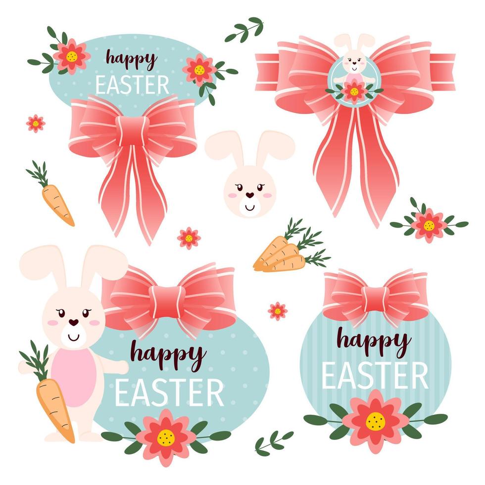 conjunto de etiquetas y etiquetas de regalo de pascua con lindo conejito de dibujos animados. vector