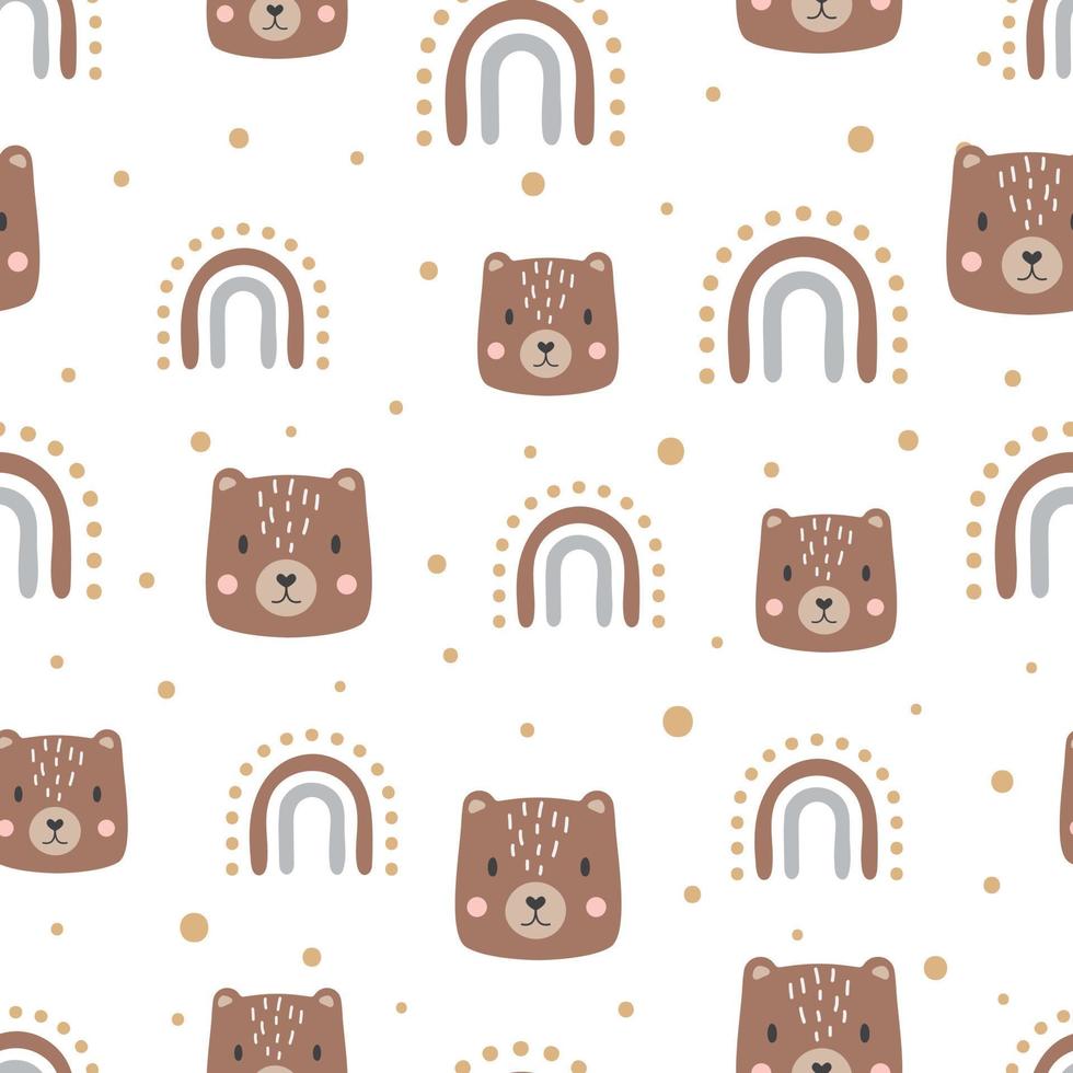 Cute bear heads with rainbows seamless vector pattern