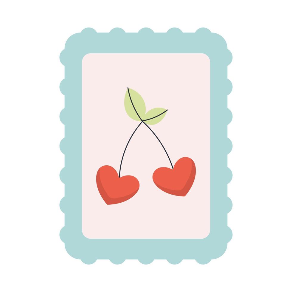 Envelope stamp with heart cherry. Cute style vector