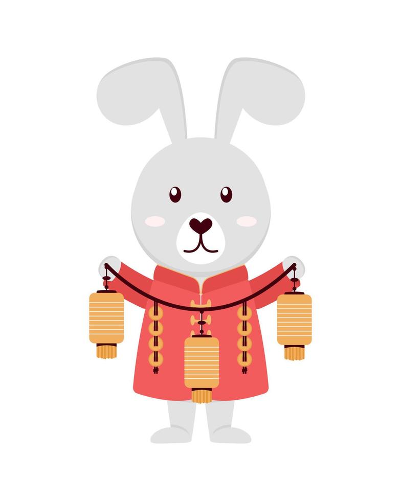 Rabbit in traditional Chinese dress with a lantern in paws. vector