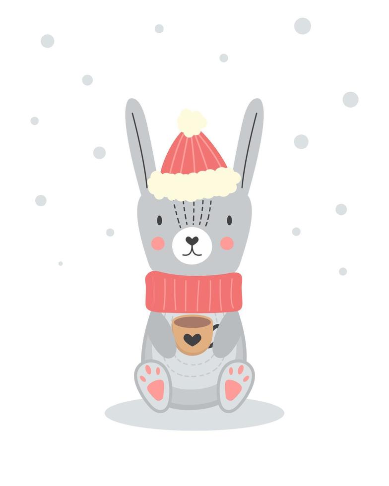 lindo personaje de conejo con taza de café. ilustración navideña para el arte de la pared de la guardería en estilo escandinavo. vector