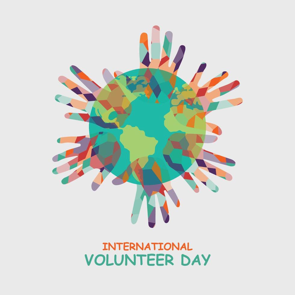 International Volunteer Day background. Design with abstract hand and earth. vector