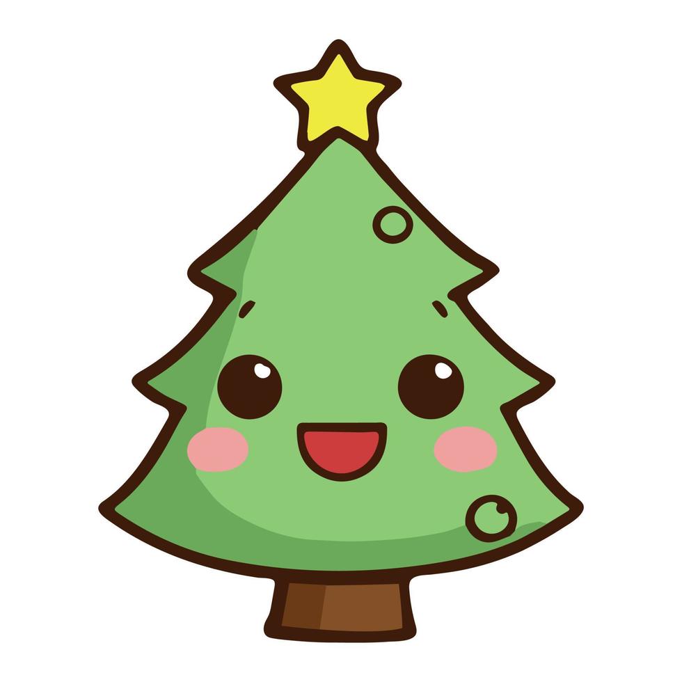 lindo árbol de navidad adorable. ilustración kawaii. vacaciones de invierno. árbol de celebración de dibujos animados. personaje de decoración para una feliz cmas. elemento divertido. icono de árbol plano para celebración. nieve de invierno para tarjeta. vector