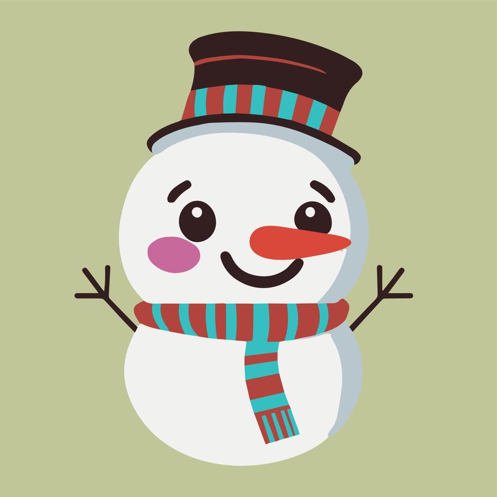 Cute snowman vector illustration. Winter cartoon design. Christmas character. Happy kawaii snow for december. Merry christmas greeting card. Isolated drawing with carrot nose, a hat and a scarf.