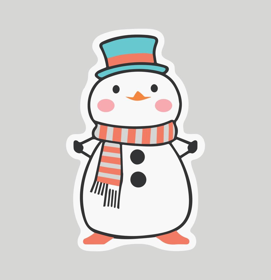 linda ilustración vectorial de muñeco de nieve. diseño de dibujos animados de invierno. personaje navideño. feliz nieve kawaii para diciembre. tarjeta de felicitación de feliz navidad. dibujo aislado con nariz de zanahoria, sombrero y bufanda. vector