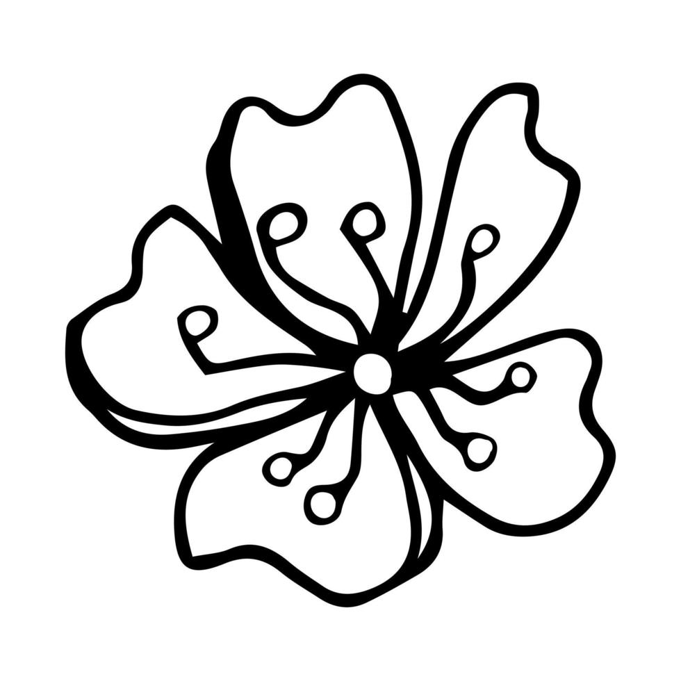 icono de garabato de flor de sakura. línea trasera aislada en blanco. dibujo floral de contorno de una línea. ilustración vectorial vector