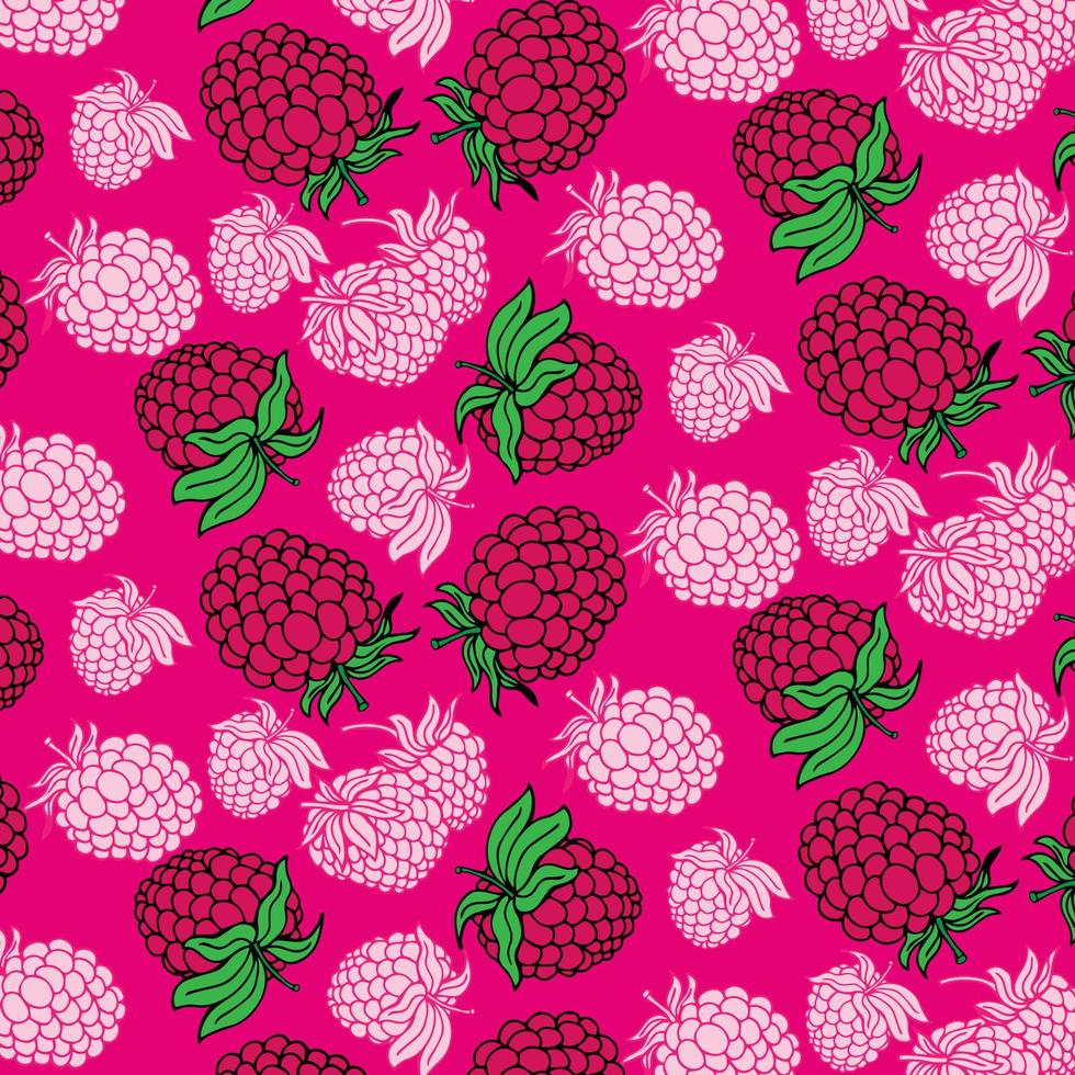 Vector pattern of hand-drawn raspberry doodles on a pink background. For labels, paper, textiles, Wallpaper.