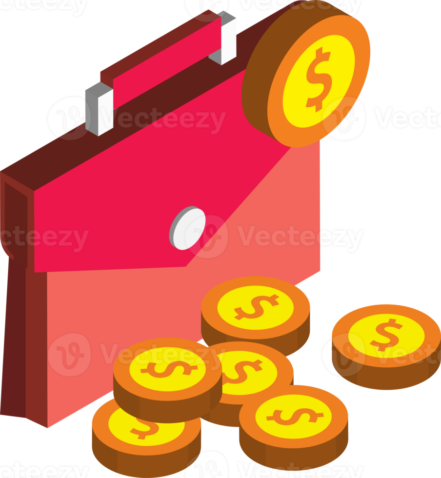 Businessman bag and pile of money illustration in 3D isometric style png