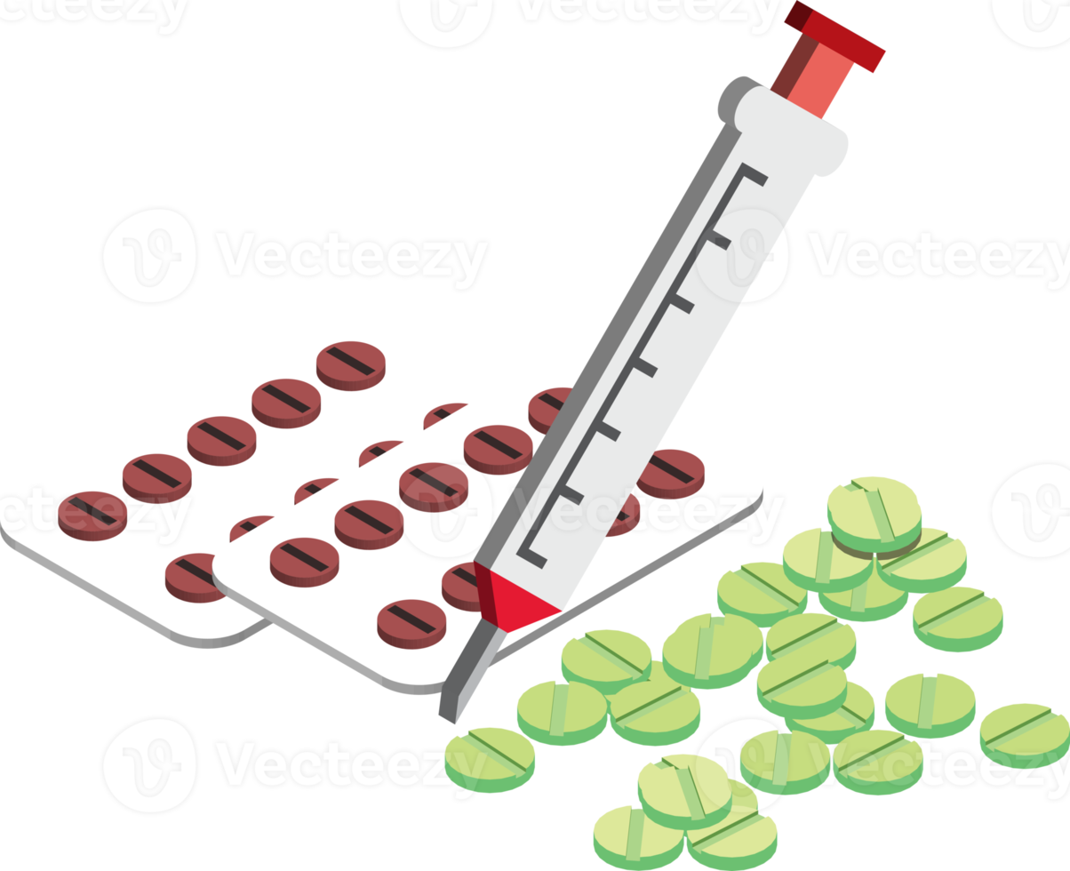 pillen und spritzenillustration im isometrischen stil 3d png