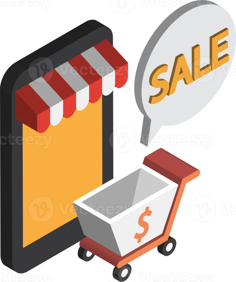Smartphone and shopping cart illustration in 3D isometric style png