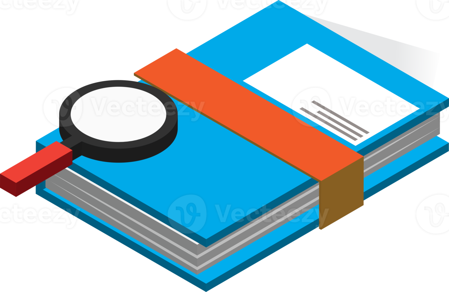 book and magnifying glass illustration in 3D isometric style png