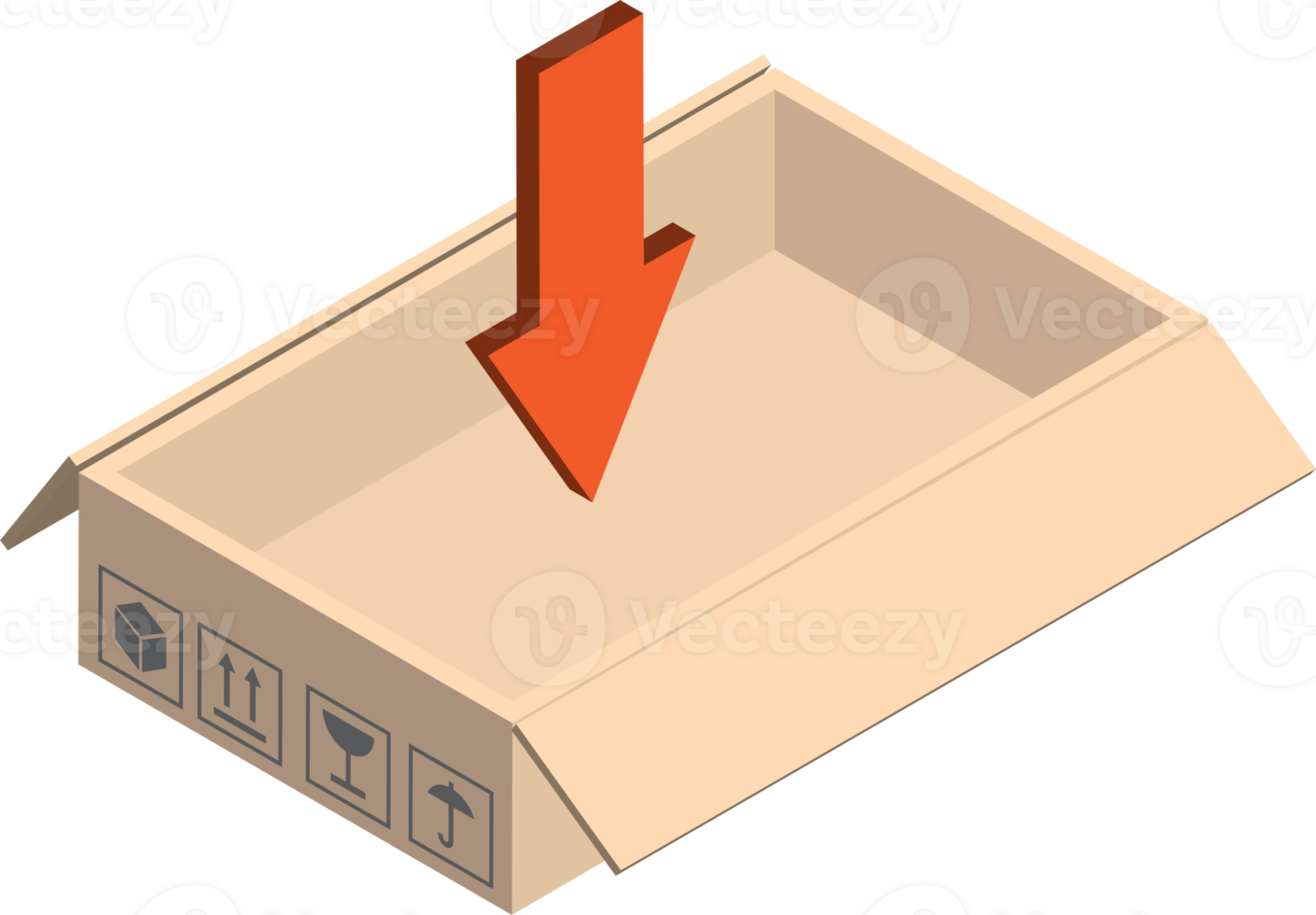 öppen brevlåda och ner pil illustration i 3d isometrisk stil png