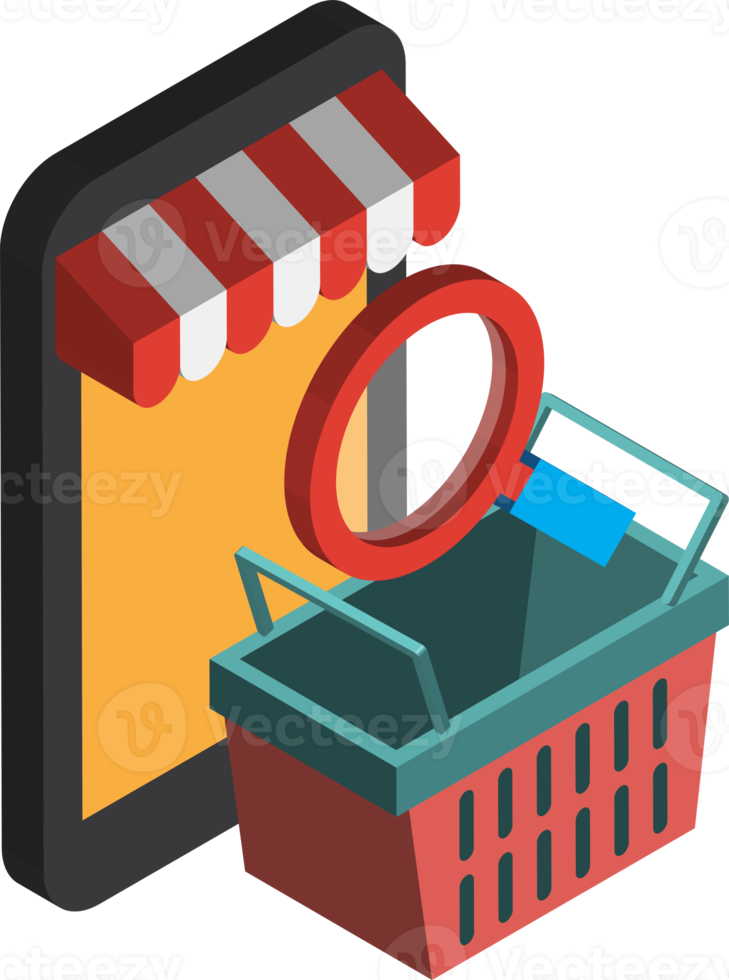 Smartphone and shopping cart illustration in 3D isometric style png