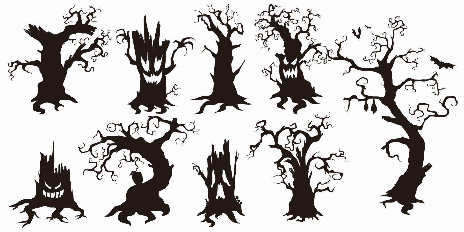 halloween tree silhouette. scary tree in black and white set icon vector illustration EPS10