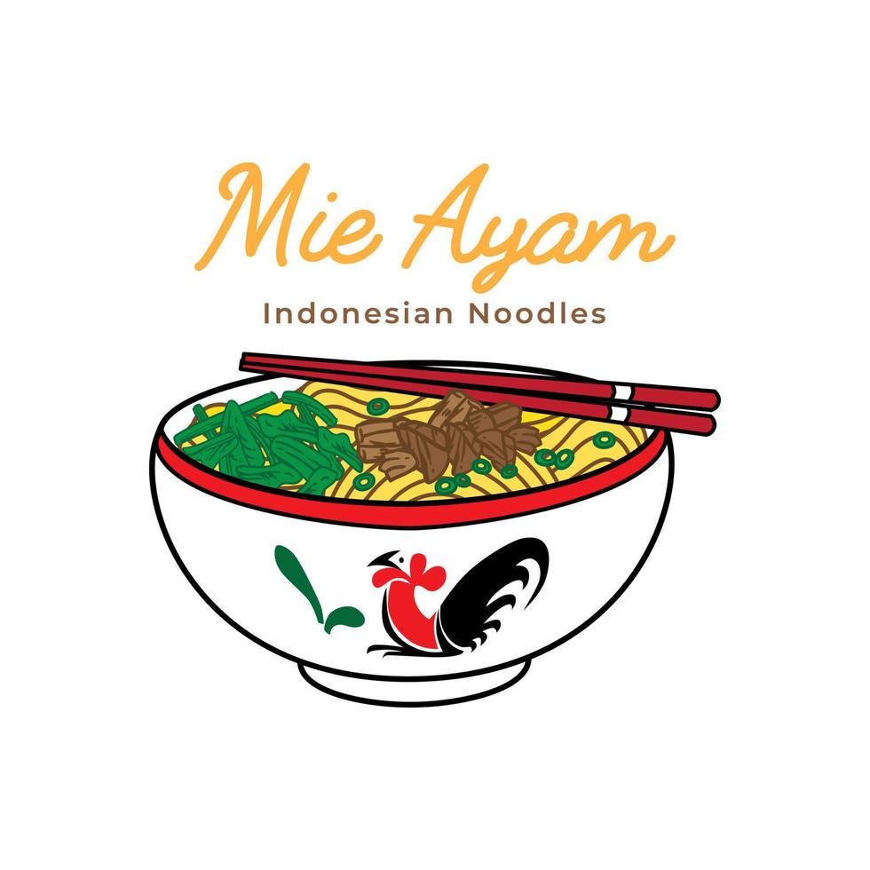 Mie ayam chicken noodles vector illustration on bowl and chopstick with