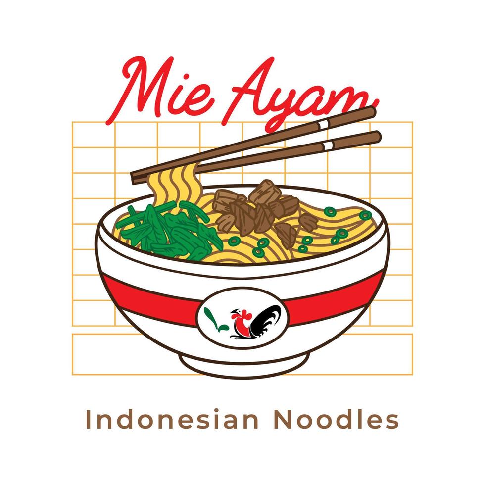 Mie ayam chicken noodles vector illustration on bowl and chopstick with vintage retro flat style. Indonesian chicken noodle soup.