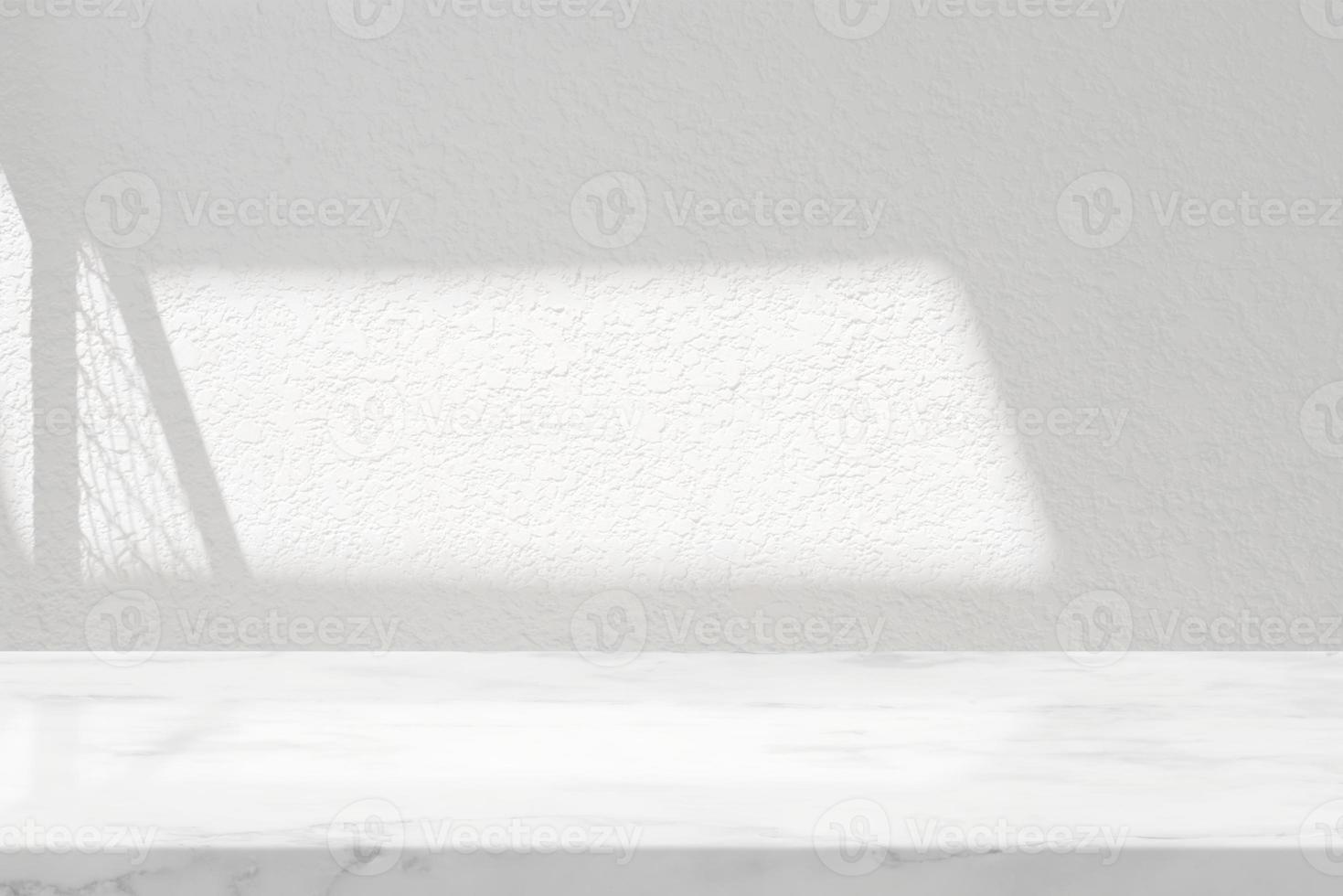 White Marble Table with Stucco Wall Texture Background with Light Beam and Fence Shadow, Suitable for Product Presentation Backdrop, Display, and Mock up. photo