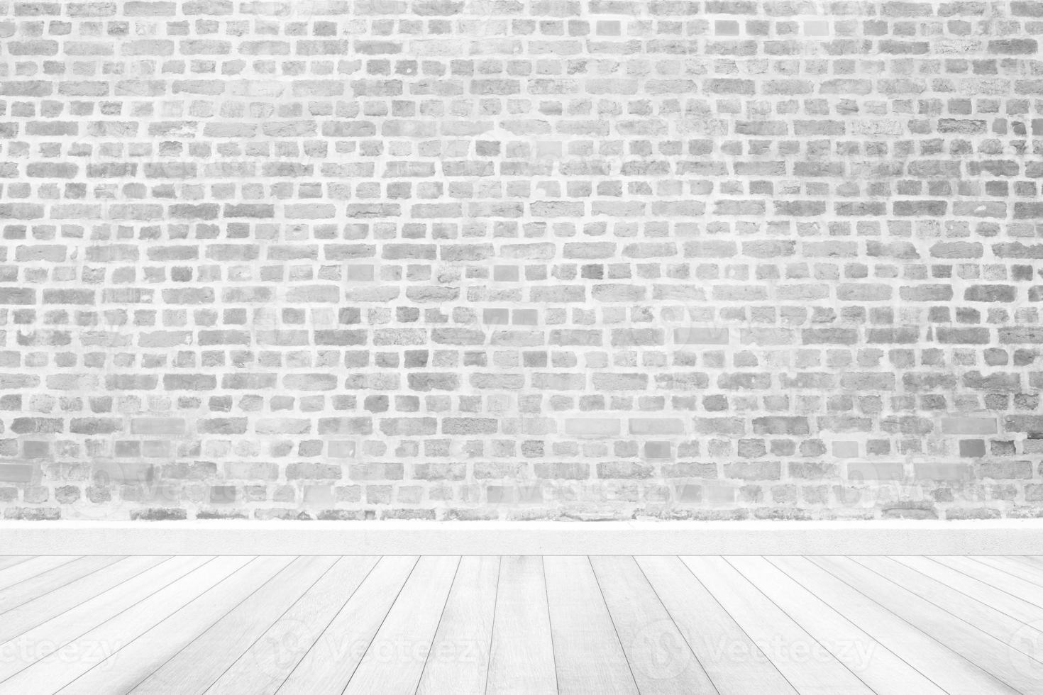Interior Room with White Brick Wall and Wooden Floor, Suitable for Product Presentation Backdrop, Display, and Mock up. photo