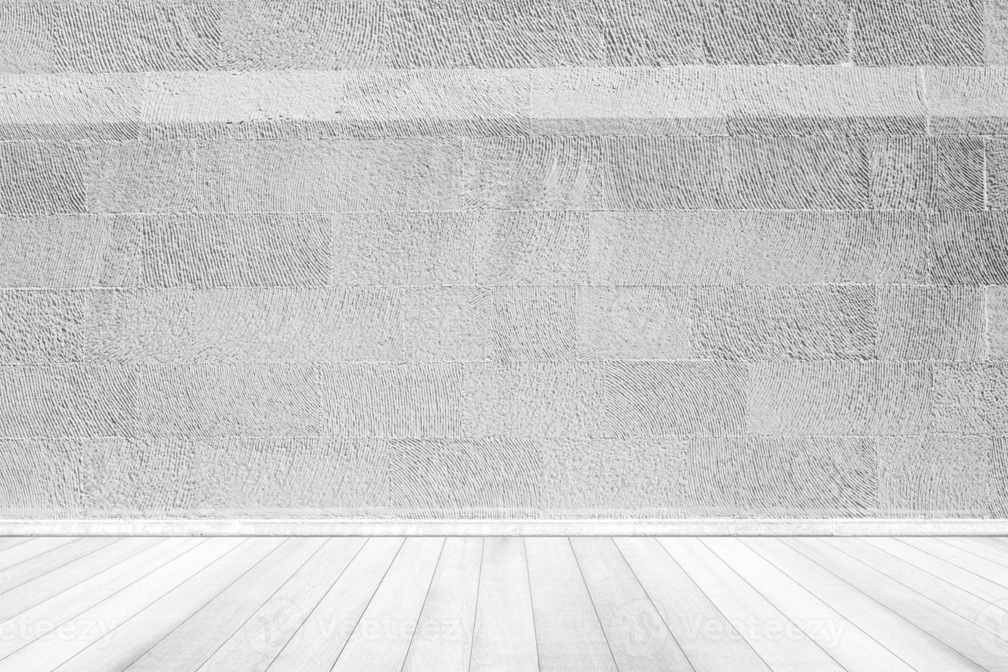 Interior Room with White Stucco Wall and Wooden Floor, Suitable for Product Presentation Backdrop, Display, and Mock up. photo