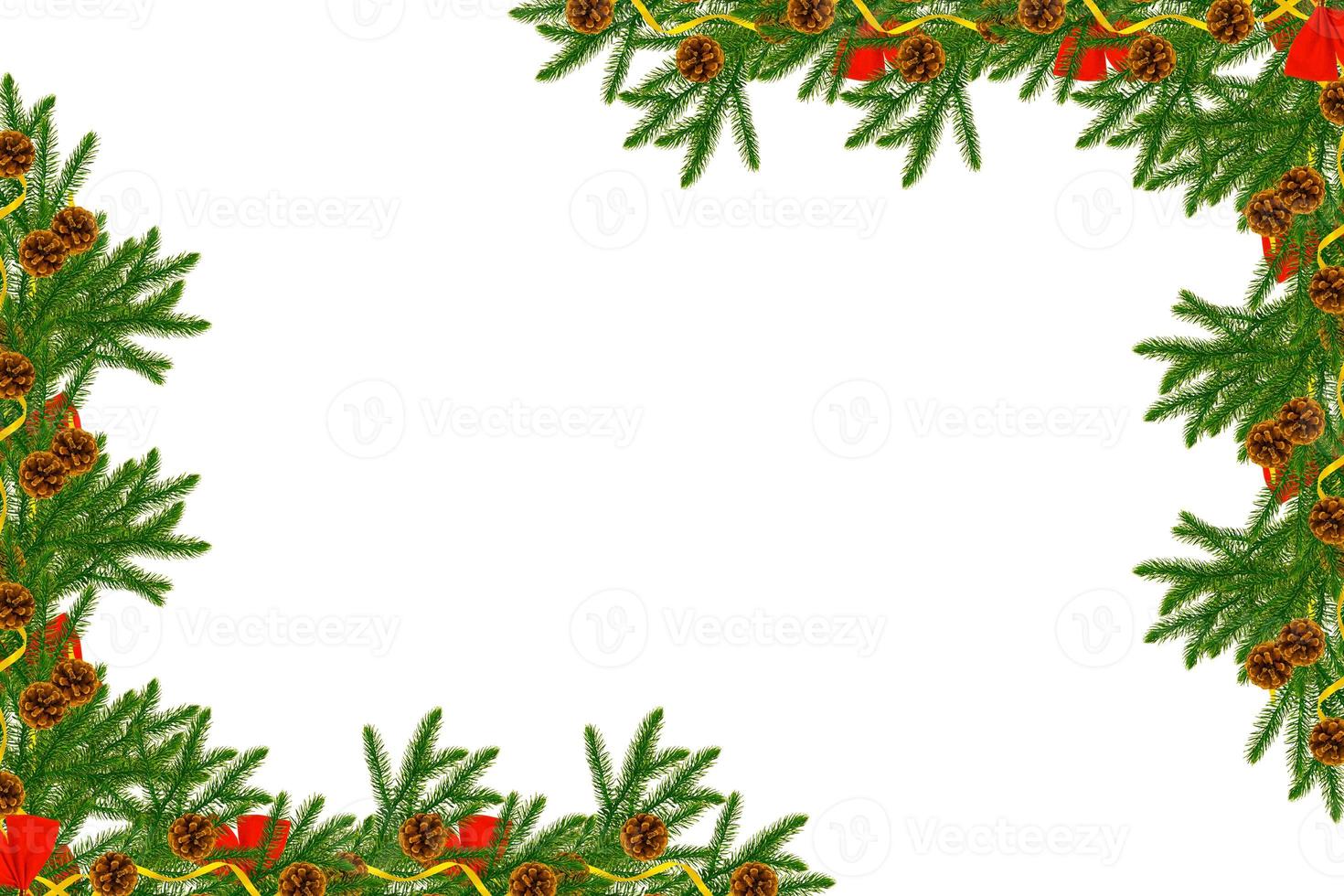 Pine tree branches with cones and red ribbon bow decoration isolated on white. photo