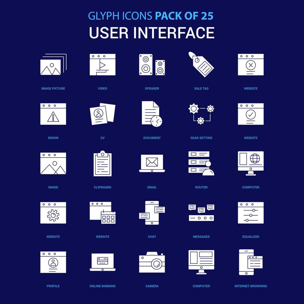 interfaz de usuario icono blanco sobre fondo azul paquete de 25 iconos vector