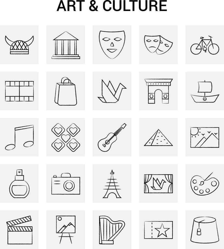 25 Hand Drawn Art and Culture icon set Gray Background Vector Doodle