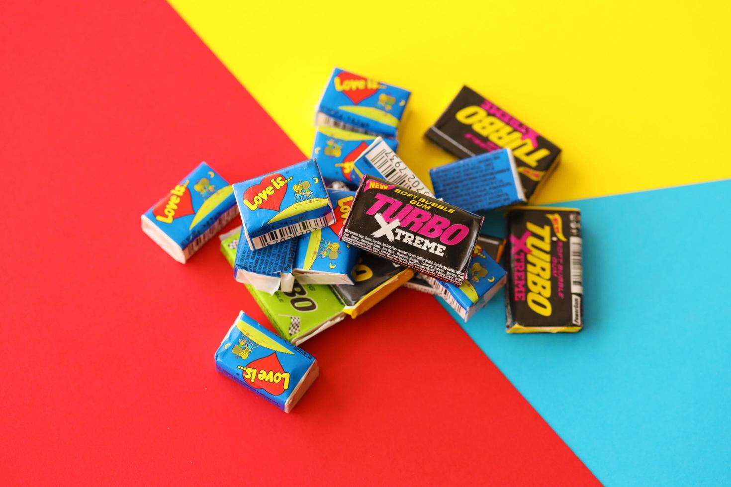 TERNOPIL, UKRAINE - MAY 28, 2022 Turkish retro chewing gums Turbo extreme and Love is with nostalgic design from 80s photo