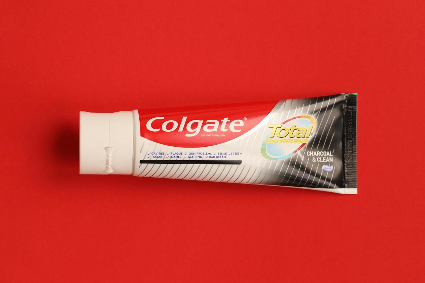 TERNOPIL, UKRAINE - JUNE 23, 2022 Colgate toothpaste, a brand of oral hygiene products manufactured by American consumer-goods company Colgate-Palmolive photo